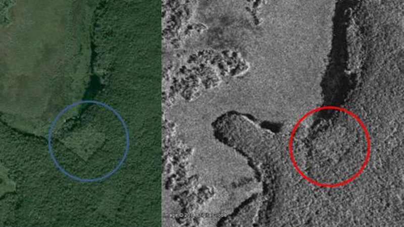 An ancient Maya structure—or an abandoned corn field. Google Earth and satellite photos appear to reveal the site of a pyramid cloaked in foliage. (Image: Google Earth, CSA)